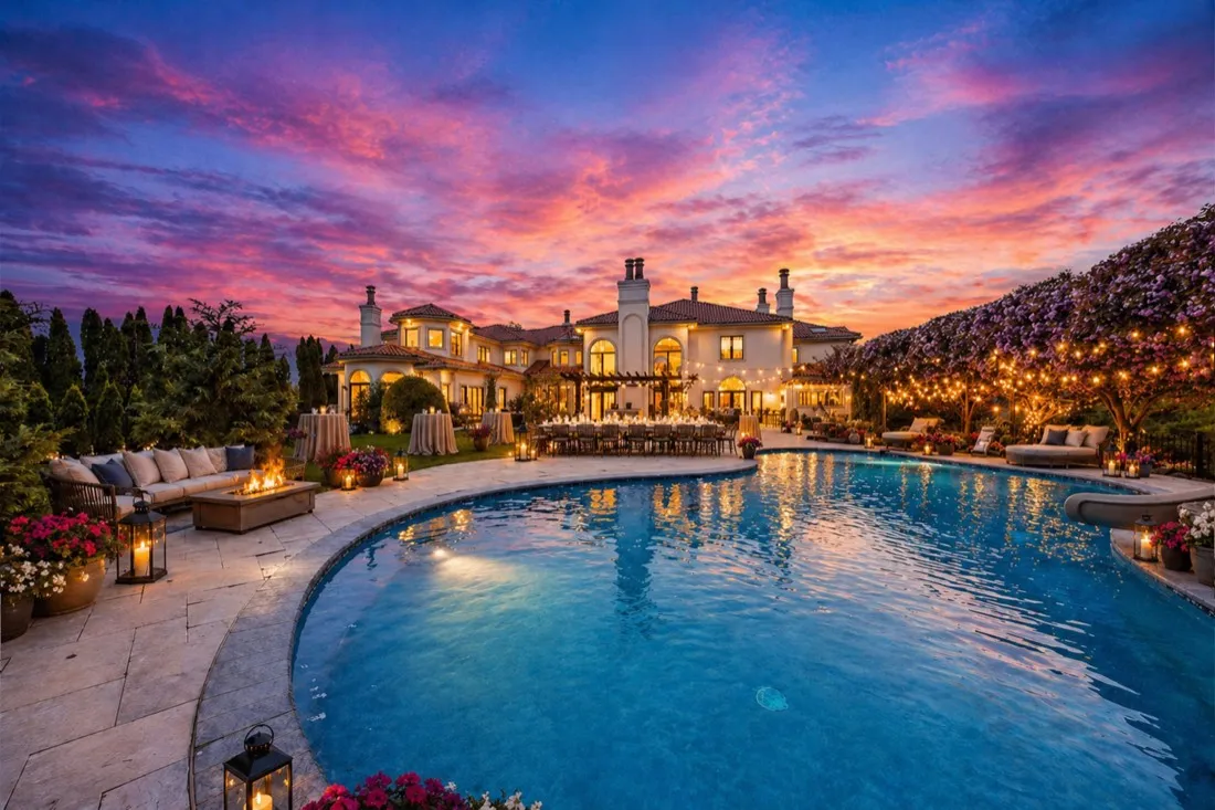 Pool and estate at sunset at The Hilltop Mansion in Bergen County, NJ